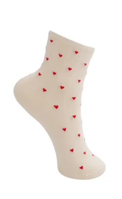 New Strømper - Alea - Creme W. Red Hearts Strømper & Strømpebukser