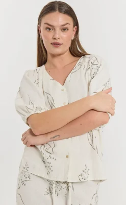 New Bluse - Laluna - Brilliant White w. Deep Lichen Green Bluser