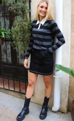 Liberte Bluse - Polo - Dark Grey Black Stripe Bluser