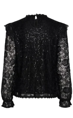 Online Top - Olline LS Lace Sequins - Black T-shirts & Toppe