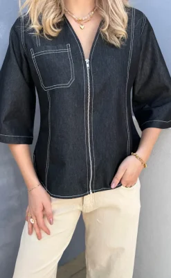 Best Bluse - Zenia Zipper - Black Denim Bluser
