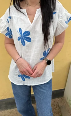 Clearance Bluse - Emma - Blue Leaf Embroidery Bluser