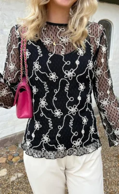 Clearance Bluse - Lace - Black W. White Lurex Bluser