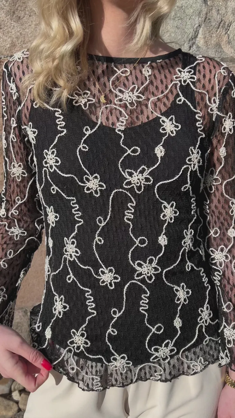 Clearance Bluse - Lace - Black W. White Lurex Bluser