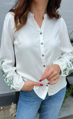 Online Bluse - Molly - Off White w. Green Bluser