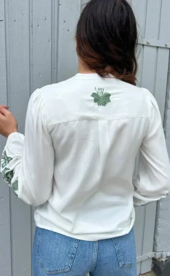 Online Bluse - Molly - Off White w. Green Bluser