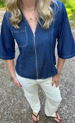 Discount Bluse - Zenia Zipper - Denim Blue Bluser