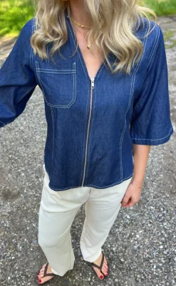 Discount Bluse - Zenia Zipper - Denim Blue Bluser