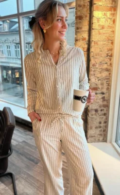 Discount Bukser - Juliana Linen - Off White / Black Striped Bukser & Jeans|Striktrøjer & Sweat