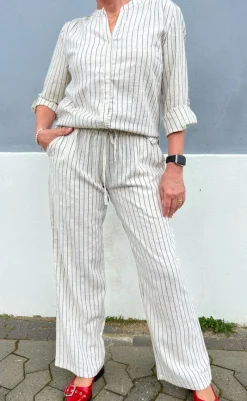 Discount Bukser - Juliana Linen - Off White / Black Striped Bukser & Jeans|Striktrøjer & Sweat