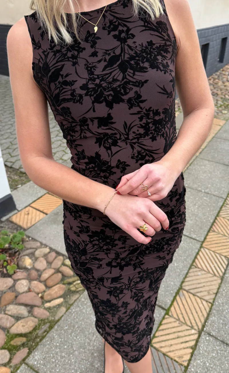 Outlet Kjole - Sophia Mesh - Brown W. Black Flower Kjoler