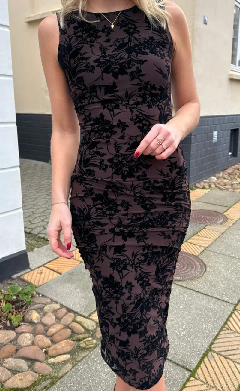 Outlet Kjole - Sophia Mesh - Brown W. Black Flower Kjoler