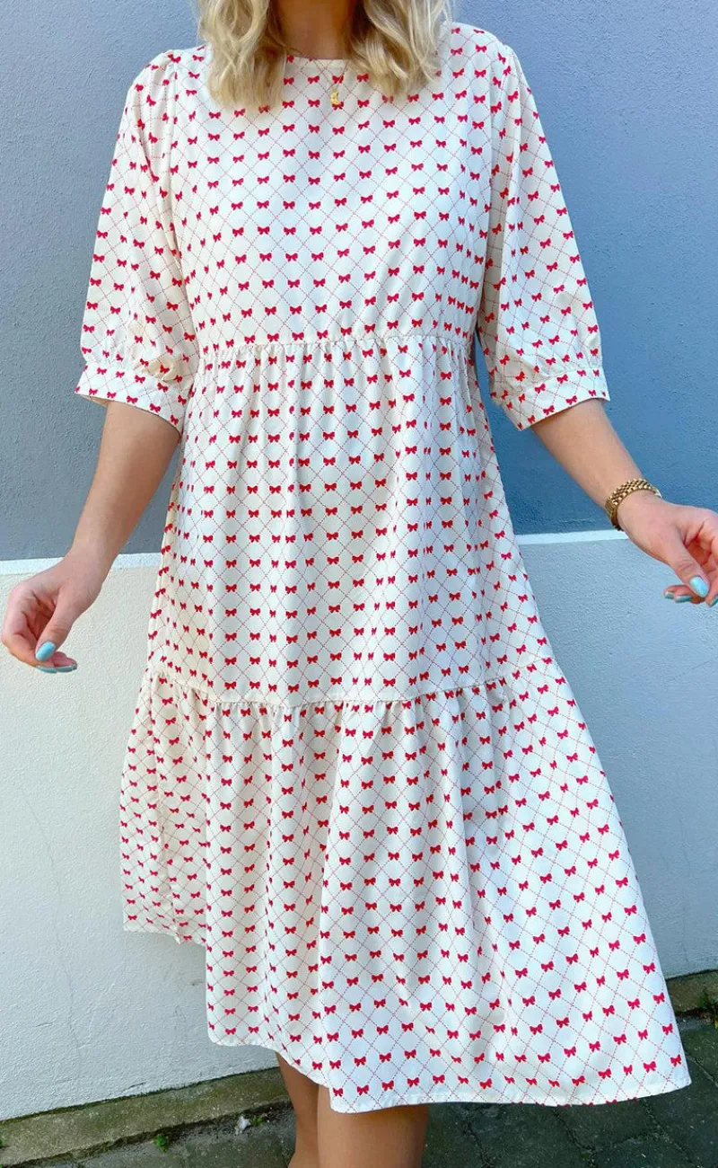 New Kjole - Ellie - Off White W. Red Bows Kjoler