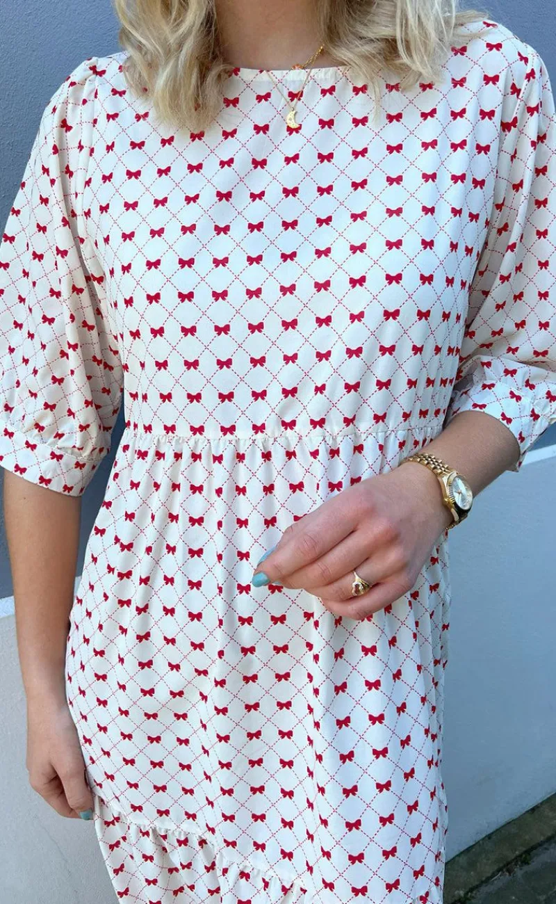 New Kjole - Ellie - Off White W. Red Bows Kjoler