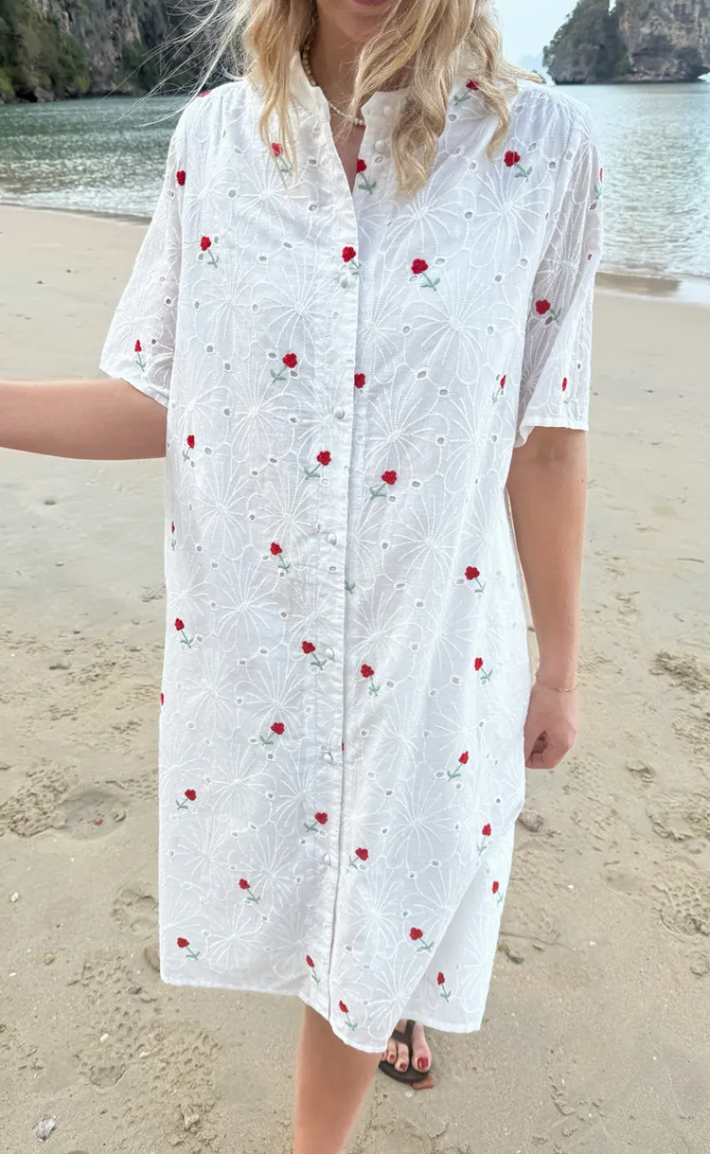 Online Kjole - Claudia - White Lace W. Embroidery Flowers Kjoler