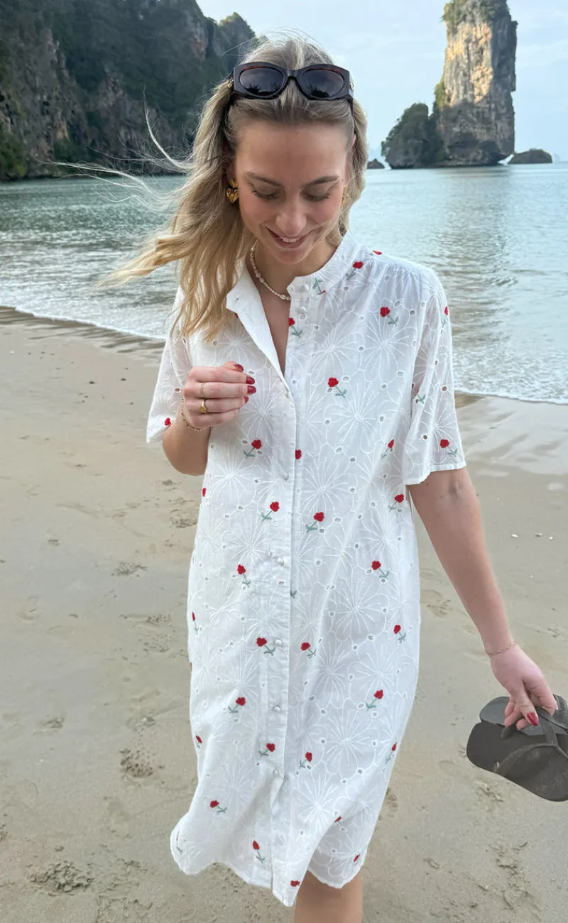 Online Kjole - Claudia - White Lace W. Embroidery Flowers Kjoler