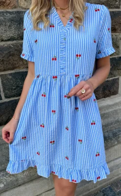Sale Kjole - Catja Summer - Blue Striped W. Cherries Kjoler