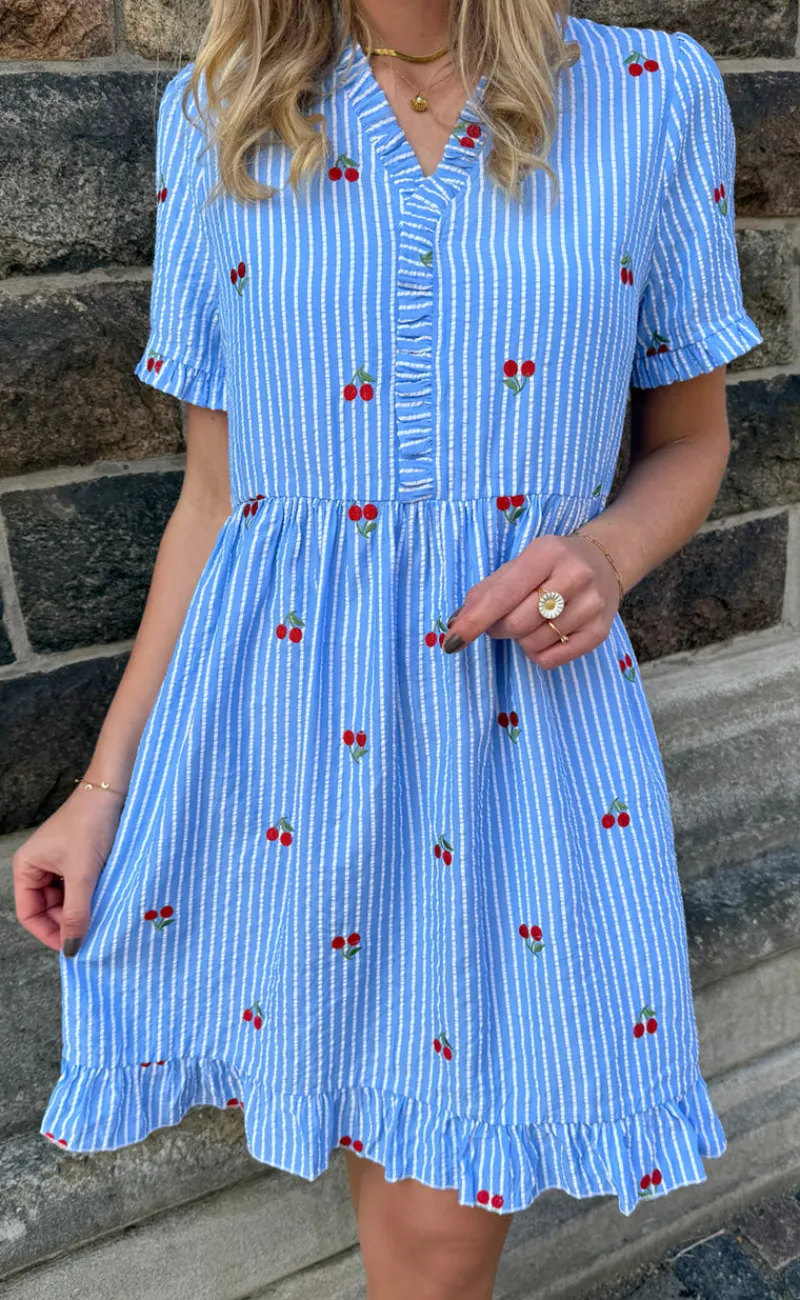 Sale Kjole - Catja Summer - Blue Striped W. Cherries Kjoler