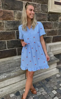 Sale Kjole - Catja Summer - Blue Striped W. Cherries Kjoler