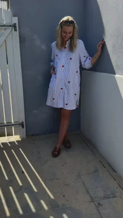 Discount Kjole - Selma - Blue Striped W. Strawberries Kjoler