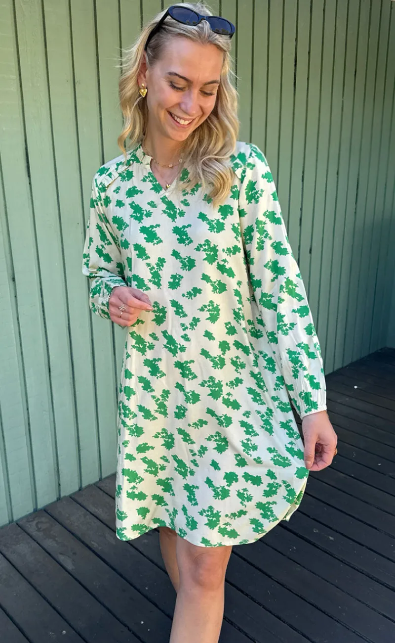 Hot Kjole - Mira - White / Green Flowers Kjoler