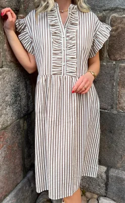 Kjole - Amelia - White/Brown Striped Kjoler