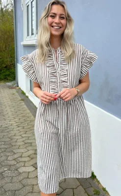 Kjole - Amelia - White/Brown Striped Kjoler
