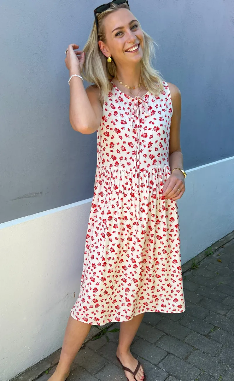 Outlet Kjole - Heidi - White/Red Flowers Kjoler