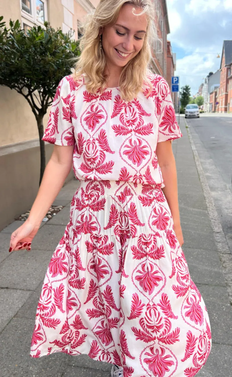 Discount Nederdel - Vicky - White/Pink Paisley Nederdele