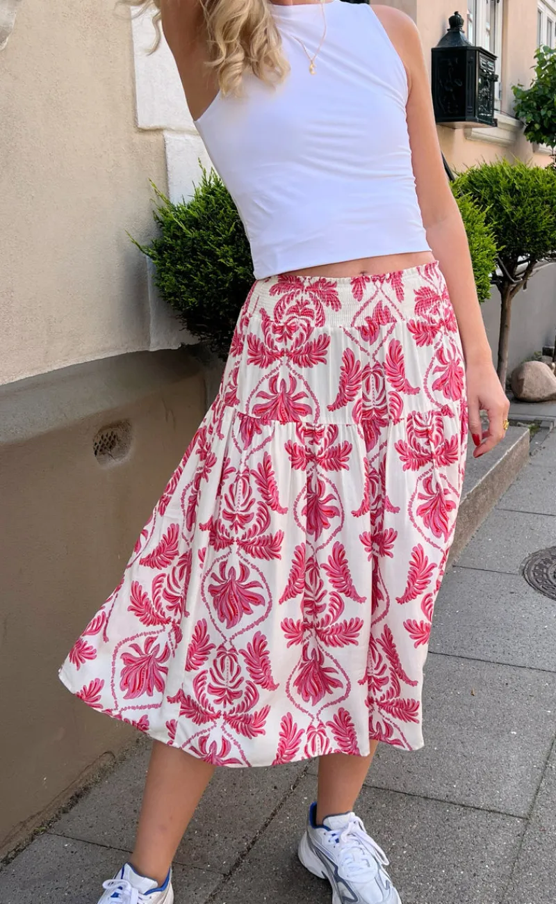 Discount Nederdel - Vicky - White/Pink Paisley Nederdele