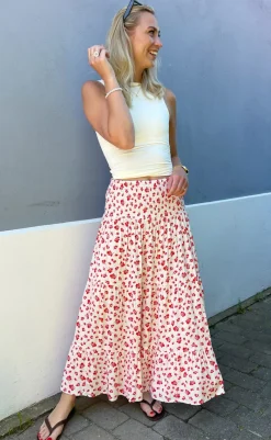 Clearance Nederdel - Nikoline - White/Red Flowers Nederdele