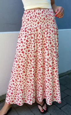 Clearance Nederdel - Nikoline - White/Red Flowers Nederdele