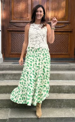 Hot Nederdel - Nikoline - White/Green Flowers Nederdele