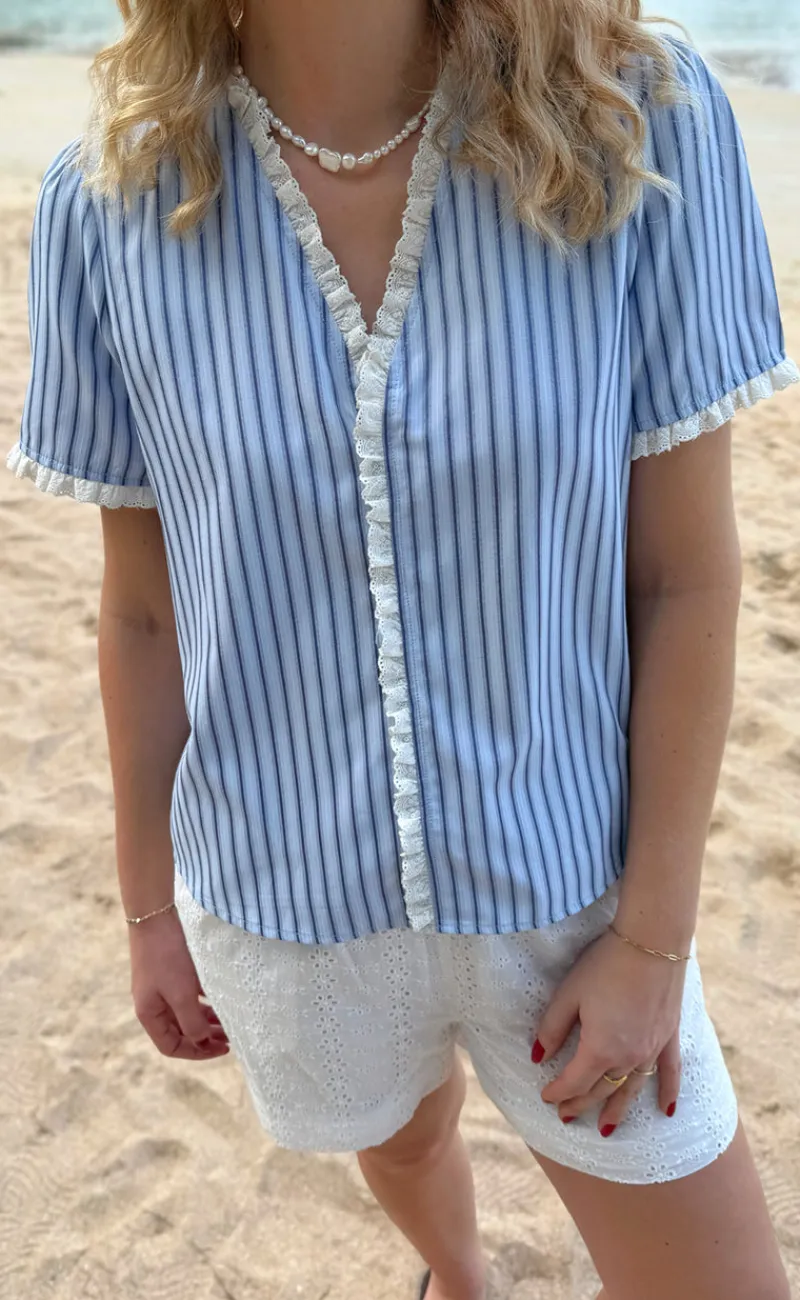 Top - Catja - Blue Striped W. Lace T-shirts & Toppe