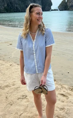 Top - Catja - Blue Striped W. Lace T-shirts & Toppe