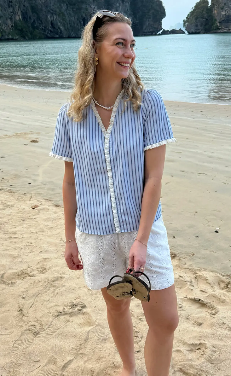 Top - Catja - Blue Striped W. Lace T-shirts & Toppe