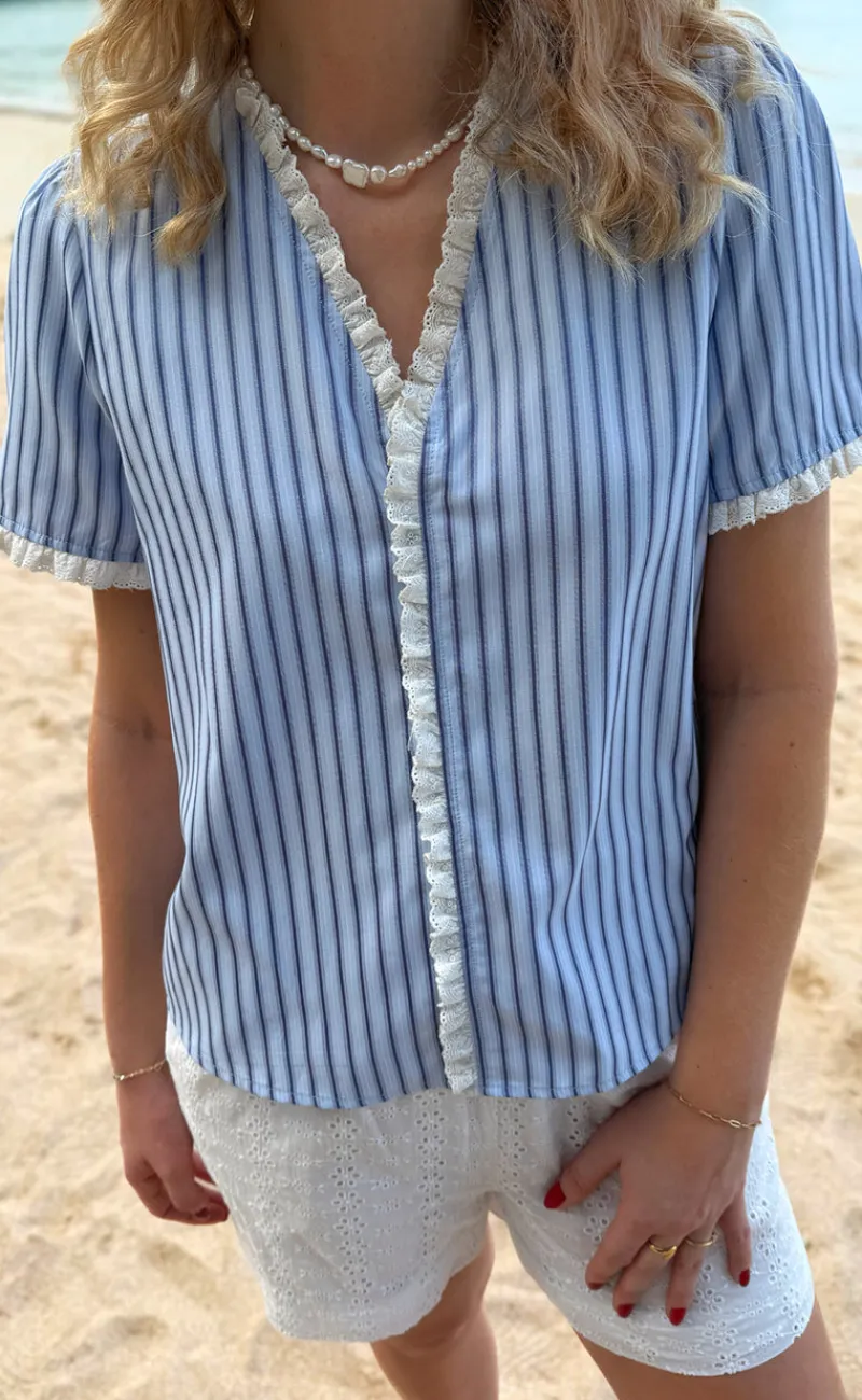 Top - Catja - Blue Striped W. Lace T-shirts & Toppe