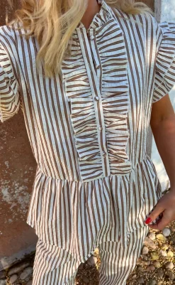 Clearance Top - Freya - White/Brown Striped T-shirts & Toppe