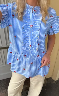 Discount Top - Freya - Blue Striped W. Cherries T-shirts & Toppe