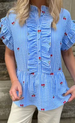 Discount Top - Freya - Blue Striped W. Cherries T-shirts & Toppe