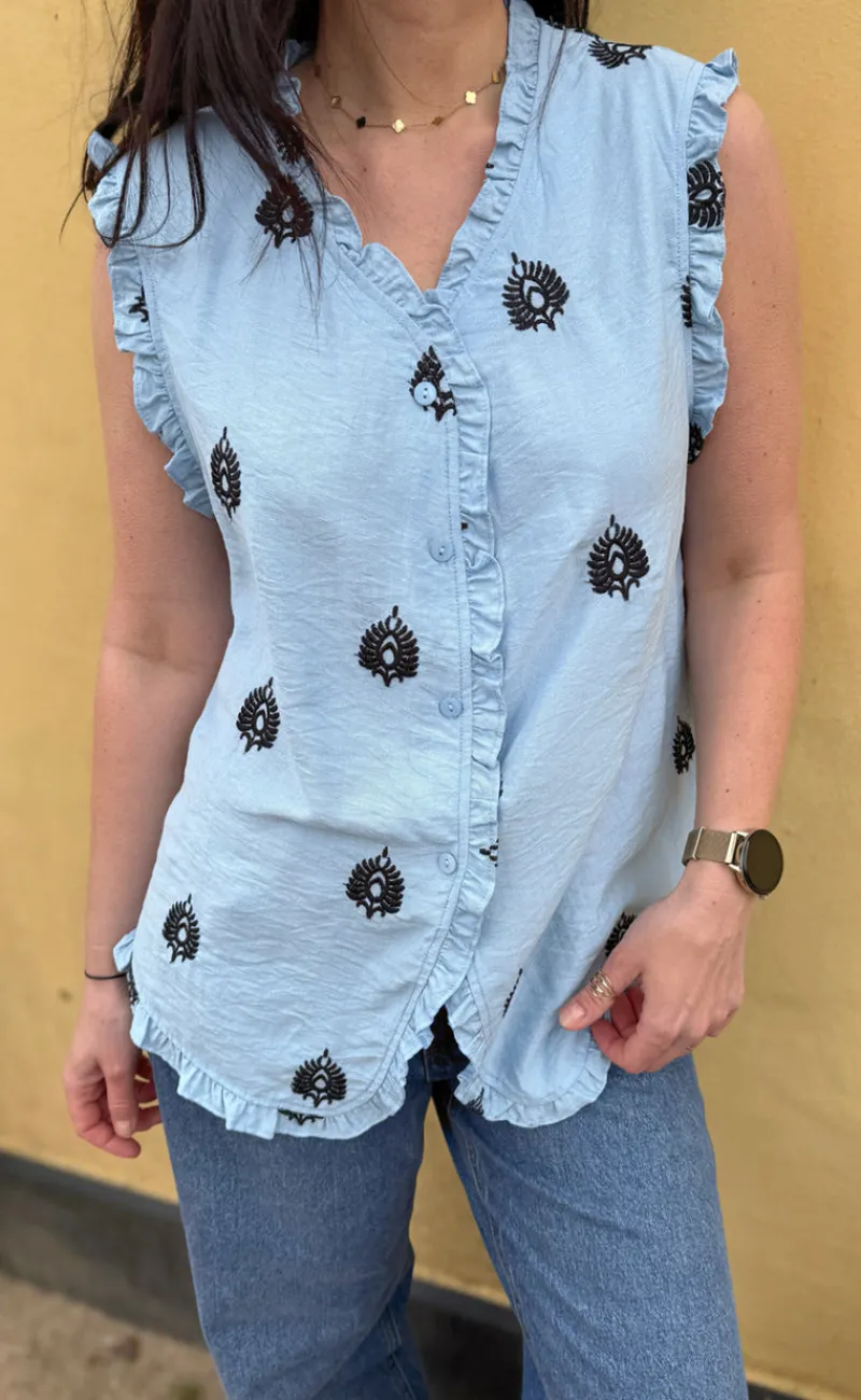 Online Top - Melania - Blue w. Black Embroidery T-shirts & Toppe