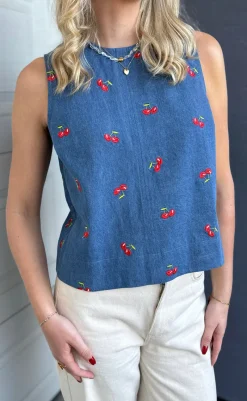 Online Top - Naja - Denim Blue w. Cherries T-shirts & Toppe