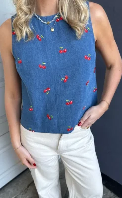 Online Top - Naja - Denim Blue w. Cherries T-shirts & Toppe
