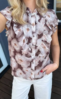Hot Top - Zita - Brown Flowers T-shirts & Toppe