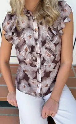 Hot Top - Zita - Brown Flowers T-shirts & Toppe