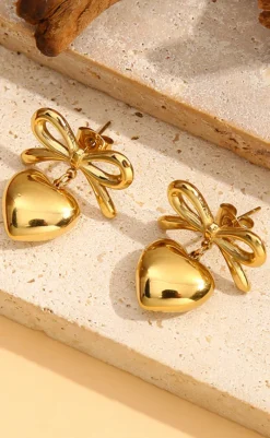 Online Øreringe - Heart Bow - Gold Colour Smykker